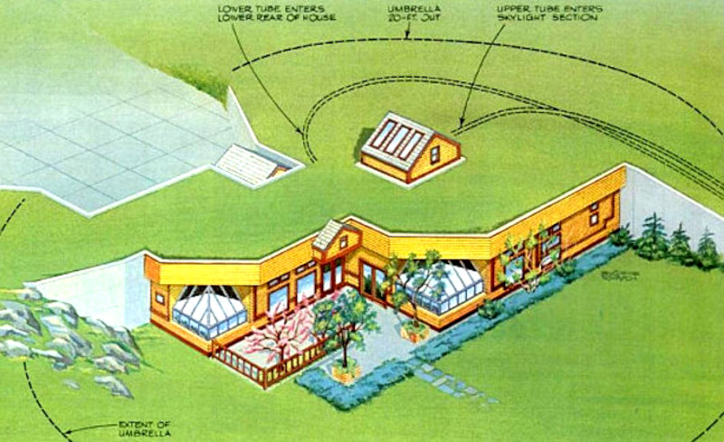 Заглубленный солнечный дом с зонтичной теплоизоляцией, внешний вид