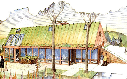 Заглублённый солнечный дом в двух уровнях, внешний вид