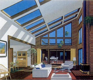 Интерьер гостиной заглублённого дома