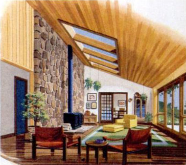 Интерьер гостиной заглублённого солнечного дома Гефарта