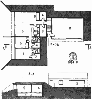 План и разрез заглублённого экологического солнечного дома Jones House