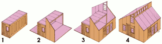 Последовательность сборки экологического дома из морских контейнеров,