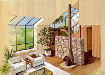 Фрагмент интерьера гостиной и солнечного лестничного холла