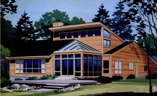 Солнечный дом с угловой теплицей, вид с юга