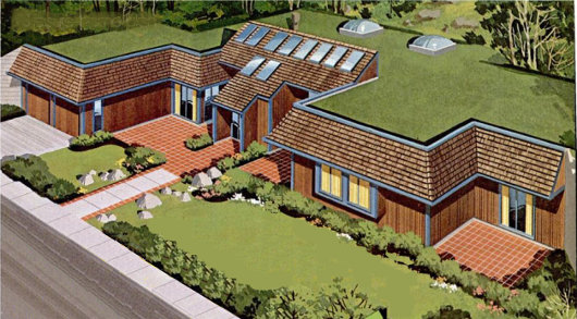 Заглублённый солнечный дом с солнечной ловушкой, вид с юго-востока