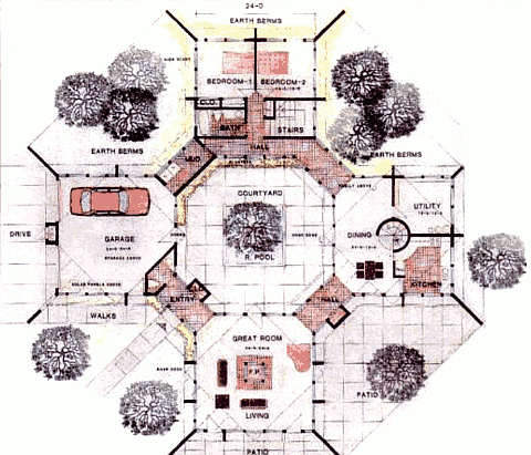 План первого уровня солнечного дома со внутренним двором