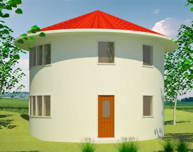 Землебитный дом 2-Story Earthbag Roundhouse, внешний вид