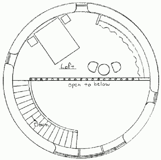 Землебитный дом 2-Story Earthbag Roundhouse, план антресоли