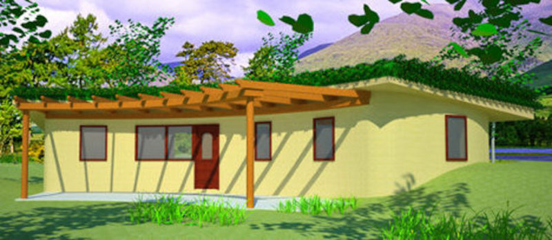 Землебитный солнечный дом Earthbag Arc House, южный фасад