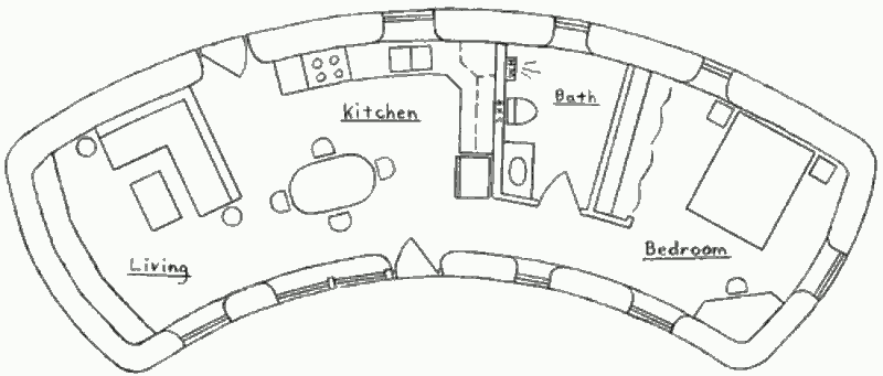 Землебитный солнечный дом Earthbag Arc House, план