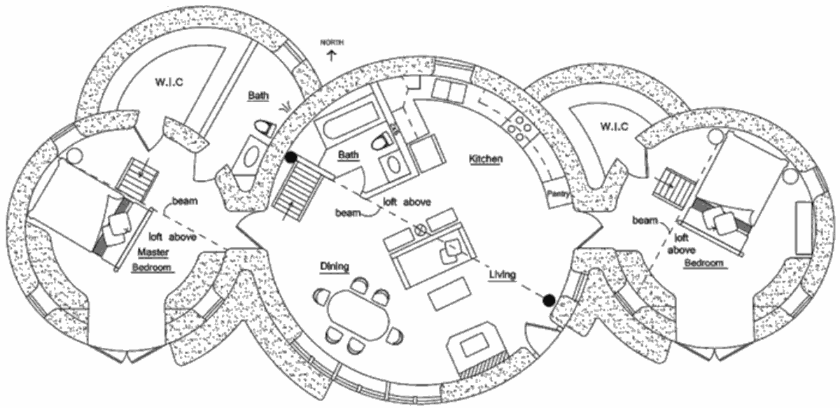 План землебитного дома Roundhouse Dome Cluster