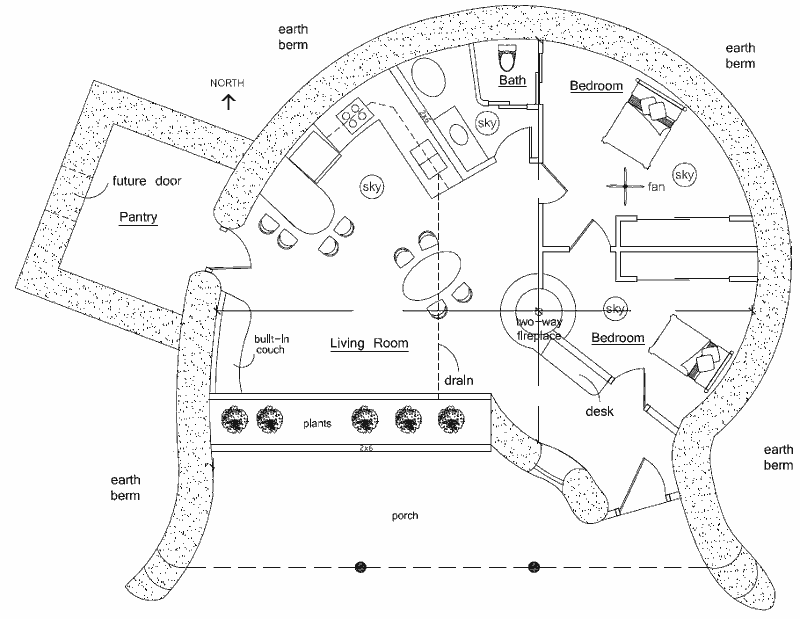 План землебитного солнечного дома Spiral 2 Earthbag House