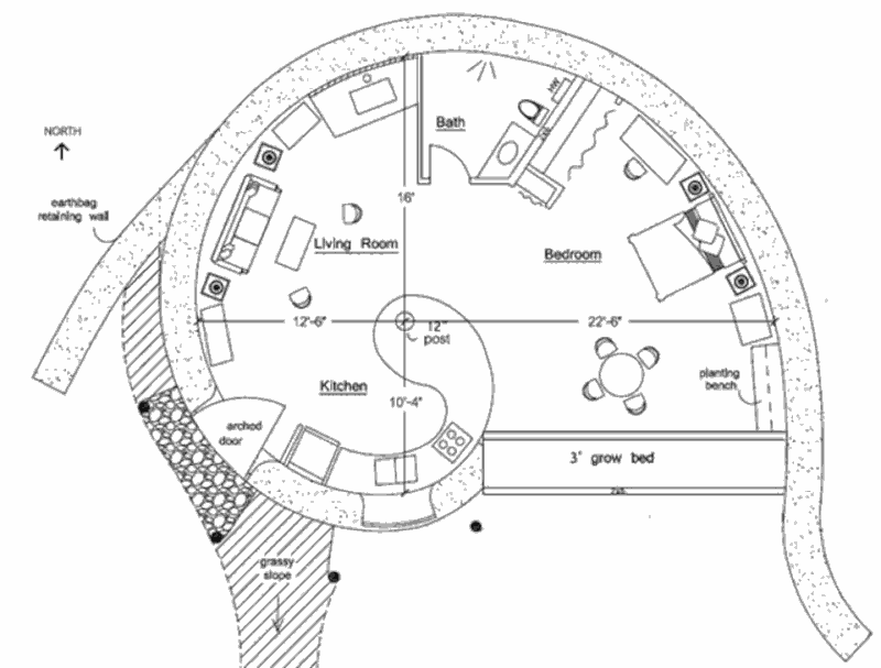 Землебитный солнечный дом Spiral House, план
