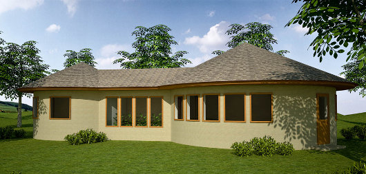 Внешний вид землебитного солнечного дома Two Roundhouses with Greenhouse