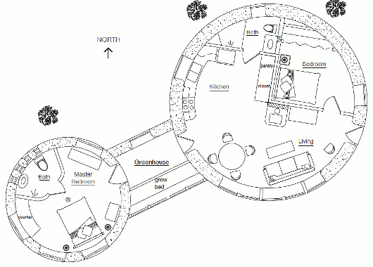 План землебитного солнечного дома Two Roundhouses with Greenhouse