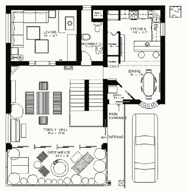 Гибридный солнечный дом, план первого этажа