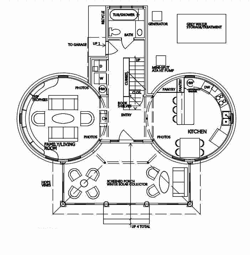 Экологический солнечный дом из зернового бункера Just Right House, план первого этажа