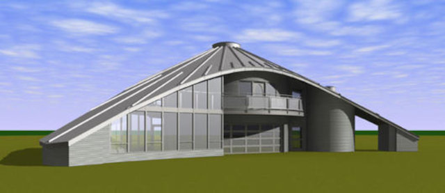 Большой экологический дом из зерновых бункеров, внешний вид