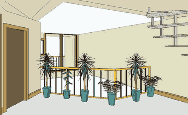 Заглублённый солнечный дом в трёх уровнях, фрагмент интерьера второго уровня дома