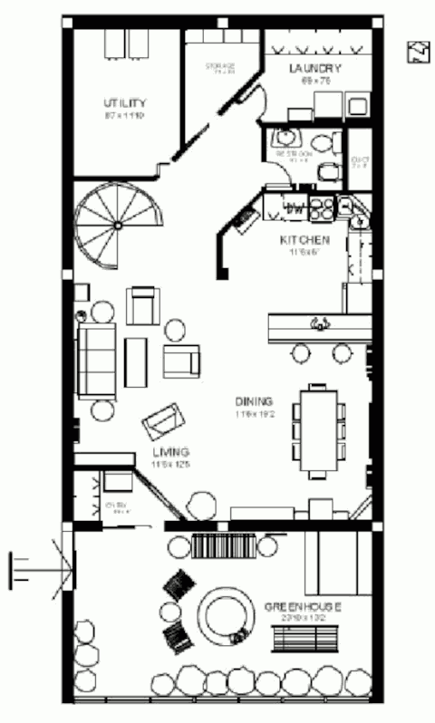 Заглублённый солнечный дом в трёх уровнях, план первого уровня