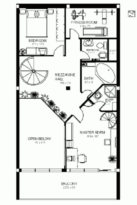 Заглублённый солнечный дом в трёх уровнях, план второго уровня