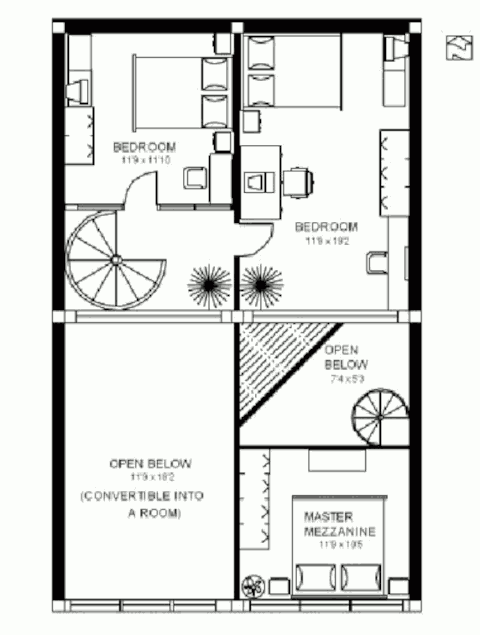 Заглублённый солнечный дом в трёх уровнях, план третьего уровня