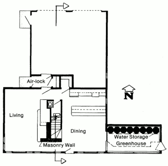 Пассивный солнечный дом в Дареме, план первого этажа