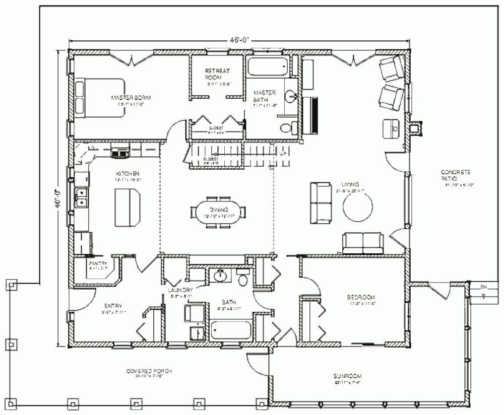 Каркасный солнечный дом Eco Farmhouse 1700, план основного уровня