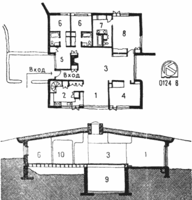План и разрез заглубленного экологического дома Rousselot House