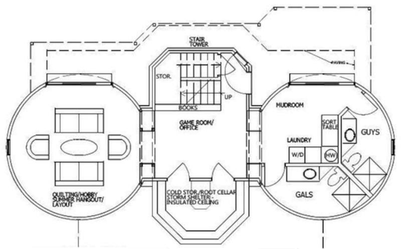 Фермерский экологический солнечный дом из зерновых бункеров, план подвала