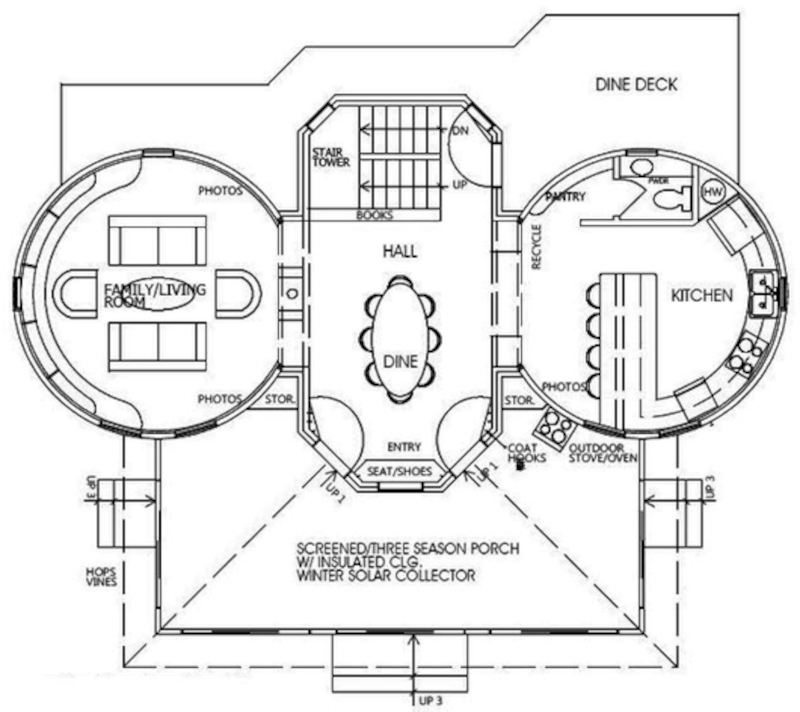 Фермерский экологический солнечный дом из зерновых бункеров, план первого этажа