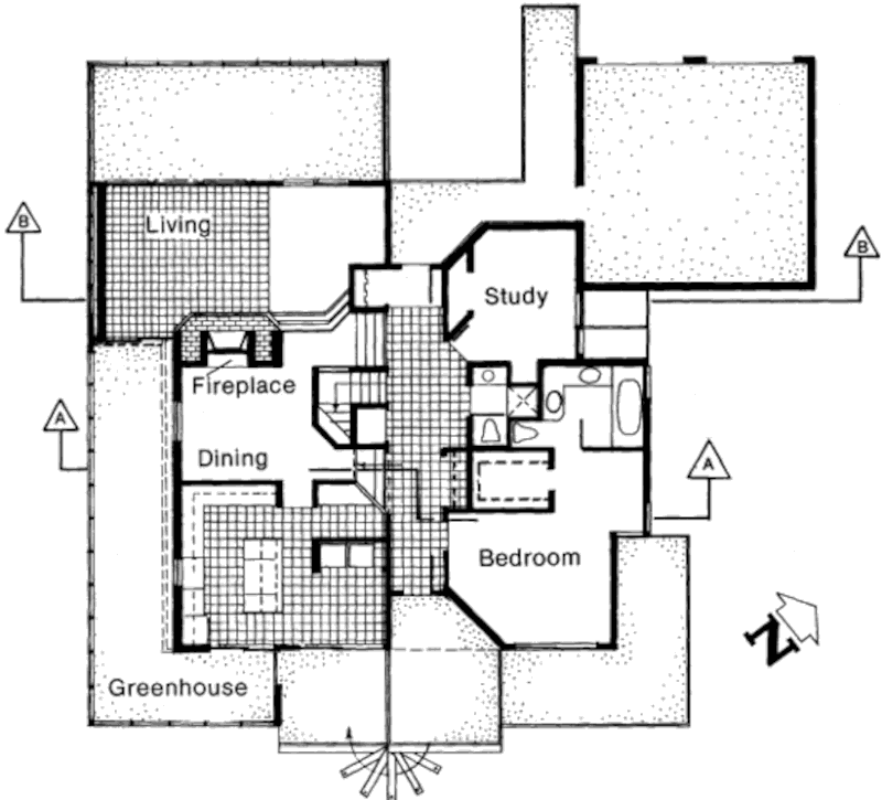 Пассивный солнечный дом в Редвуд-Сити, план первого этажа