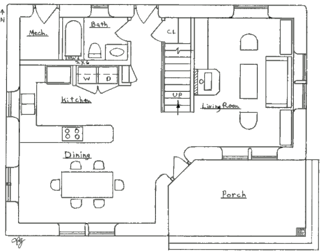 Компактный двухэтажный загородный дом, план первого этажа