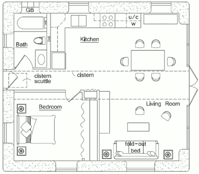 Землебитный дом Earthbag Beach House, план
