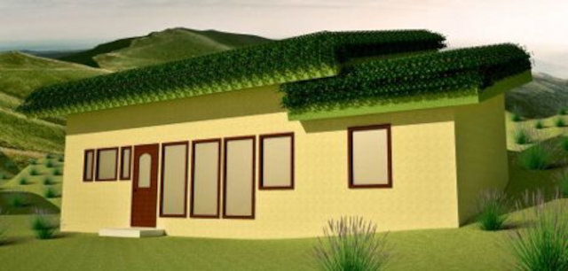 Заглубленный землебитный солнечный дом Earthworm Studio, вид с юго-юго-востока