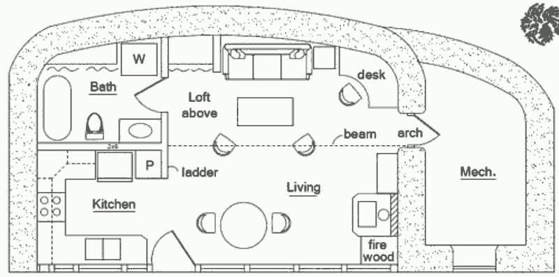 Заглубленный землебитный солнечный дом Earthworm Studio, план