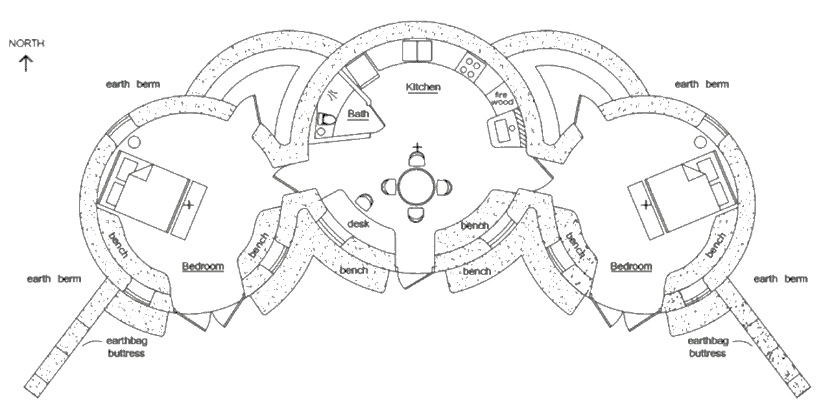 Землебитный солнечный дом Triple Roundhouse Cluster, план