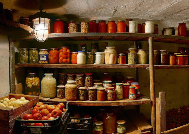 Запасы продуктов в подвале частного дома