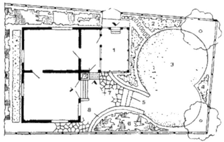 Планировка внутреннего дворика с газоном и подпорной стенкой