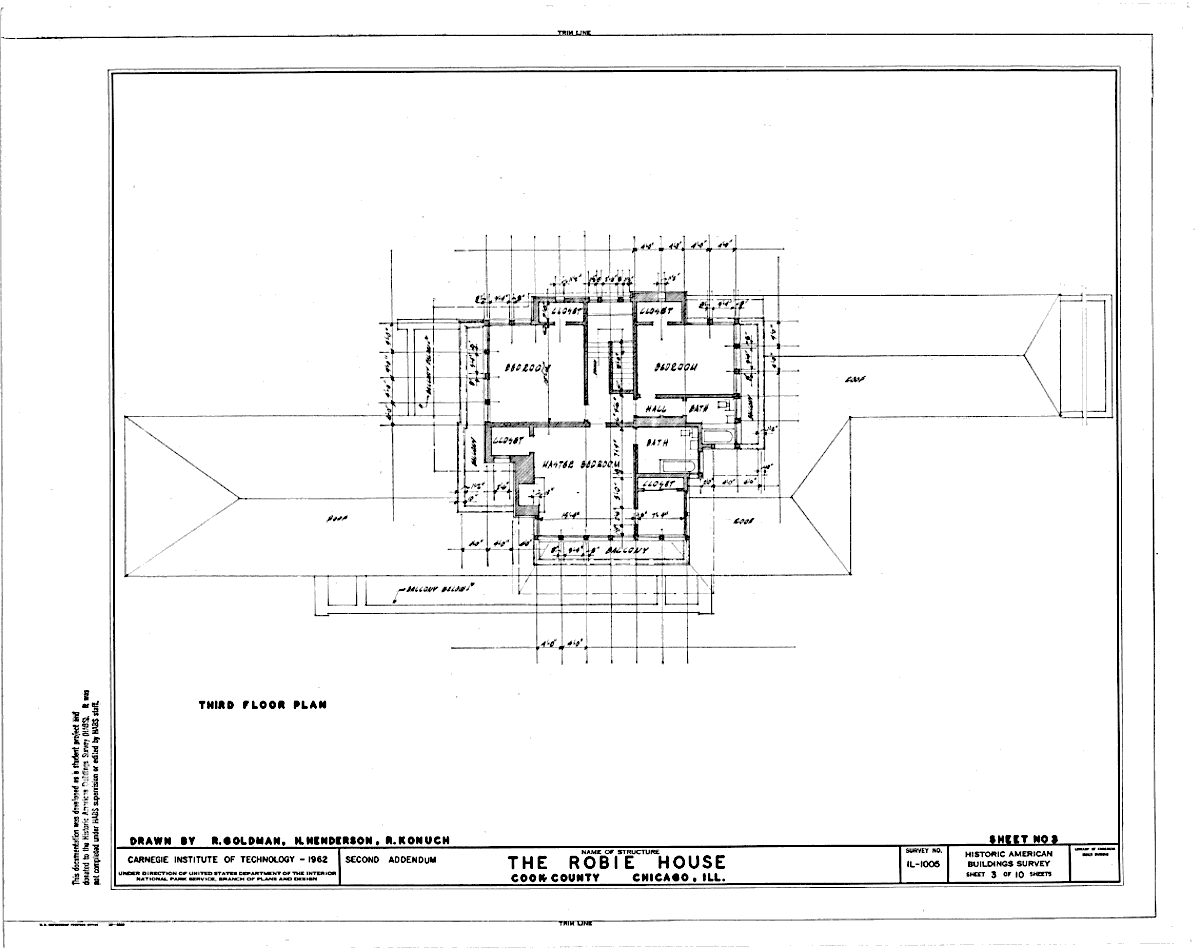 Дом Роби (Frederick Robie House) — проект Фрэнка Ллойда Райта, план третьего этажа