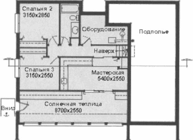 Проект канадского бунгало с солнечной теплицей, план нижнего уровня
