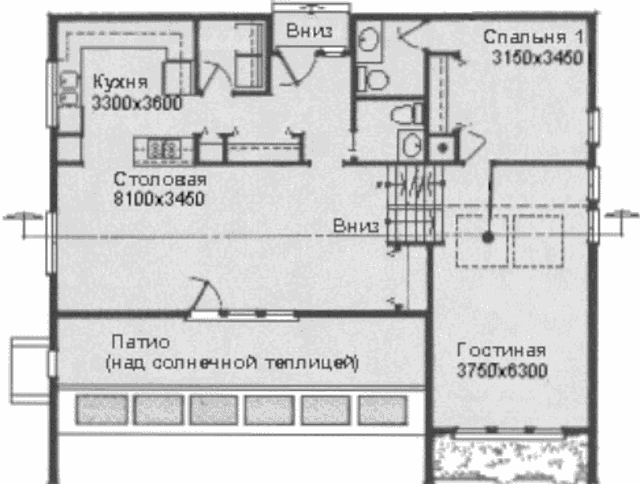 Проект канадского бунгало с солнечной теплицей, план главного уровня