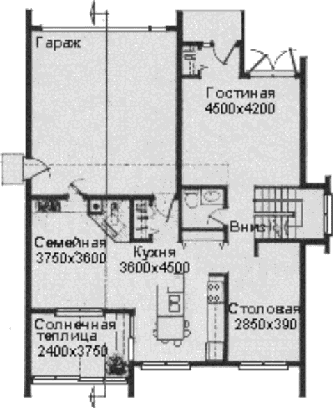 Проект компактного солнечного дома со встроенной теплицей, план первого этажа