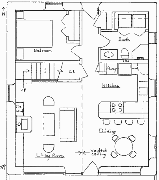 Проект солнечного дома из соломенных блоков Strawbale Chalet, план нижнего уровня