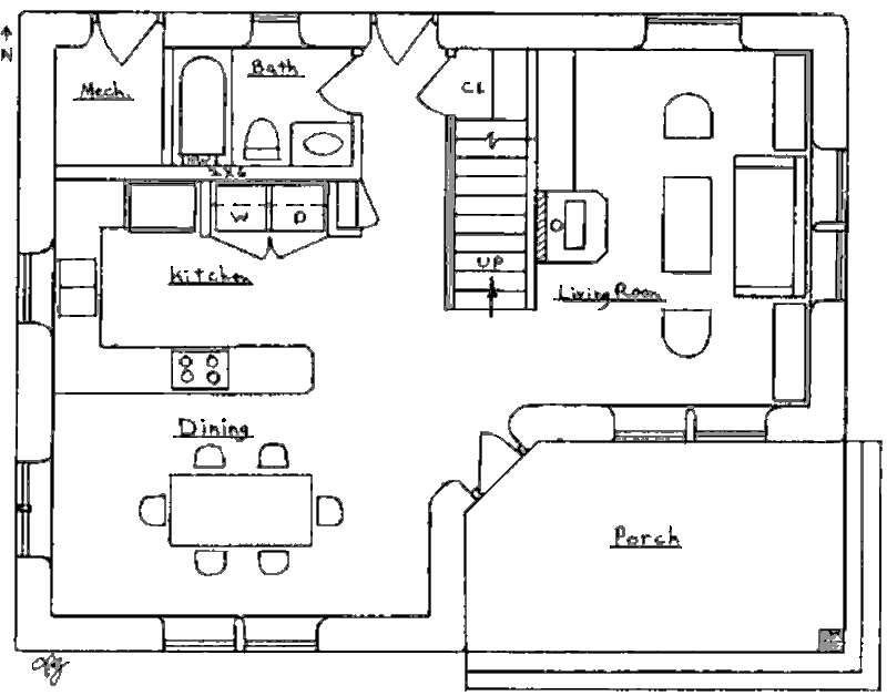 Проект компактного двухэтажного загородного дома, план первого этажа