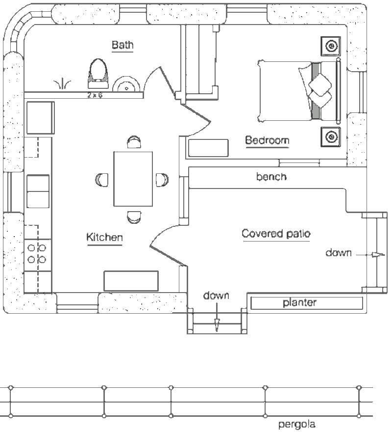 Проект маленького землебитного дачного дома, план