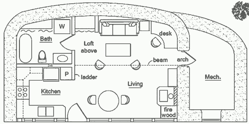 Проект заглубленного землебитного солнечного дома Earthworm Studio, план